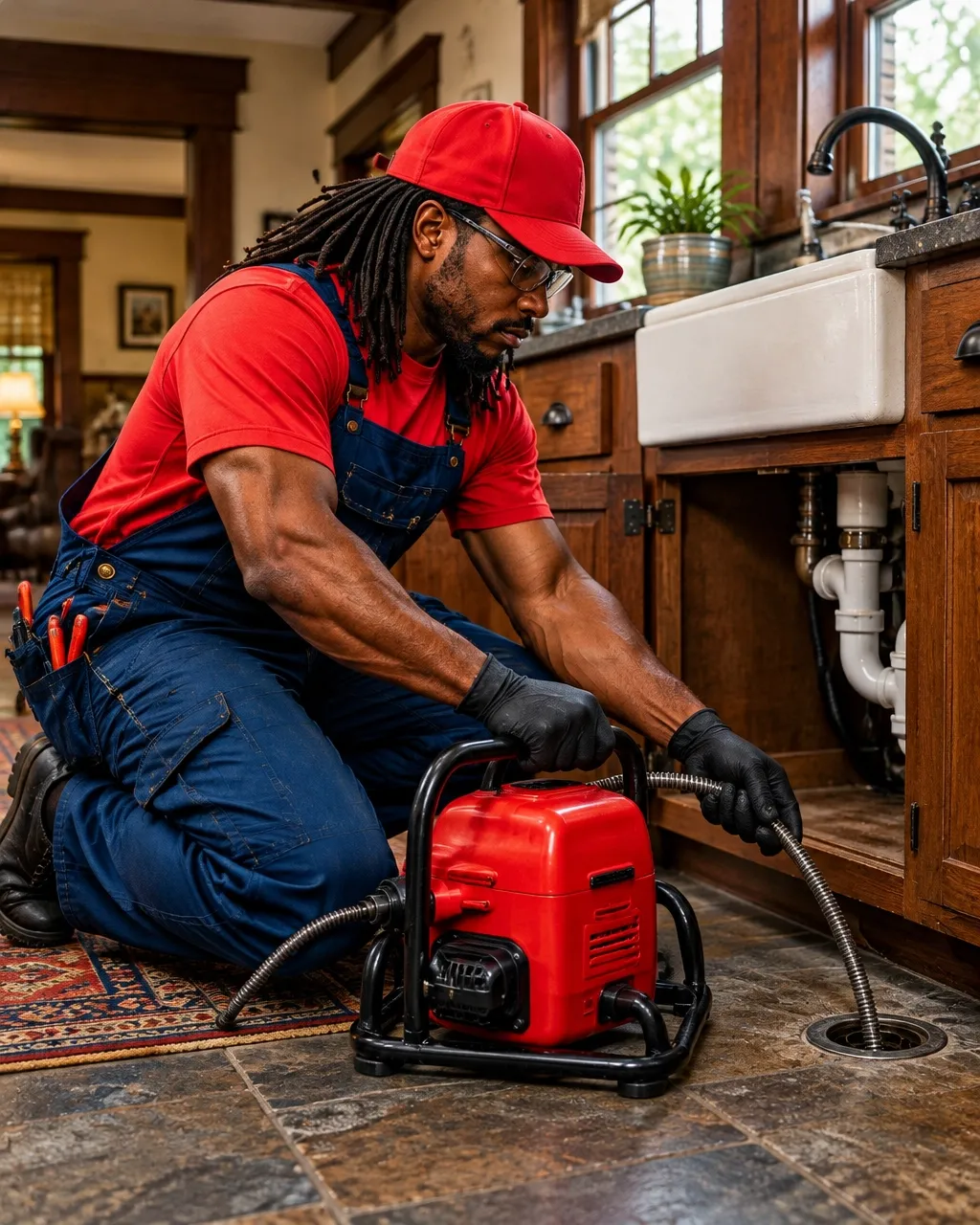 Plumber clearing a residential drain