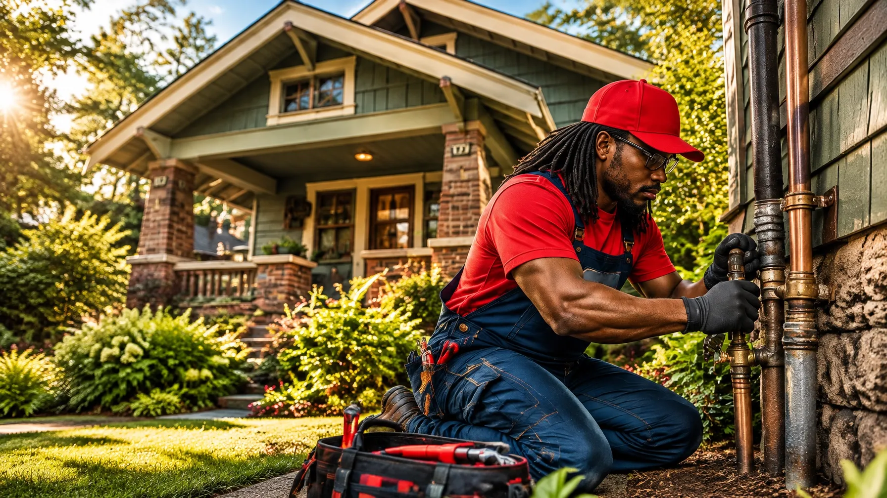 Plumber working outside a craftsman-style home