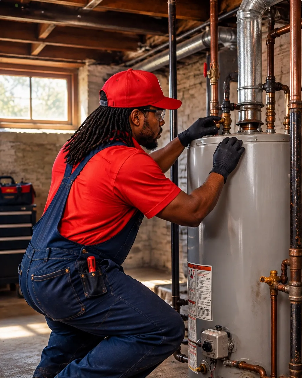 Plumber inspecting a water heater in an older home